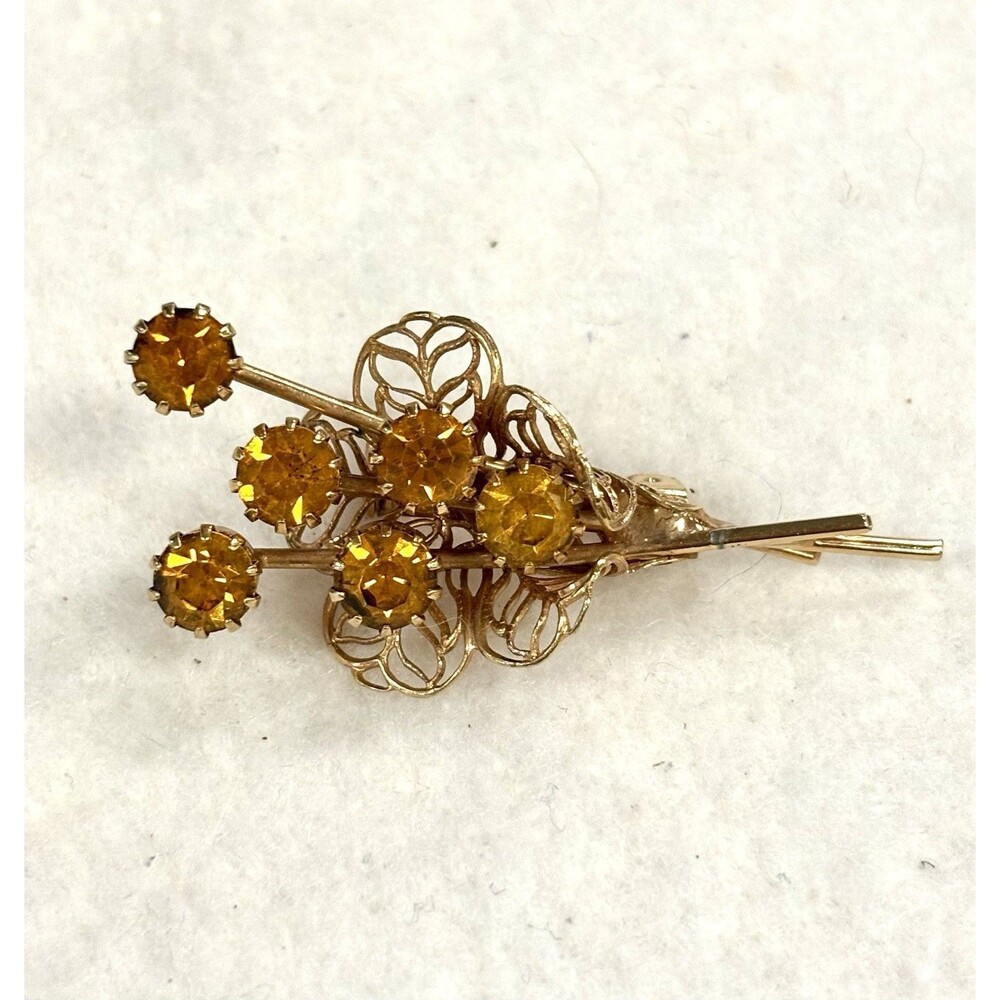Vintage Amber Topaz Rhinestone Flower Bouquet Brooch Gold Tone Filigree Pin